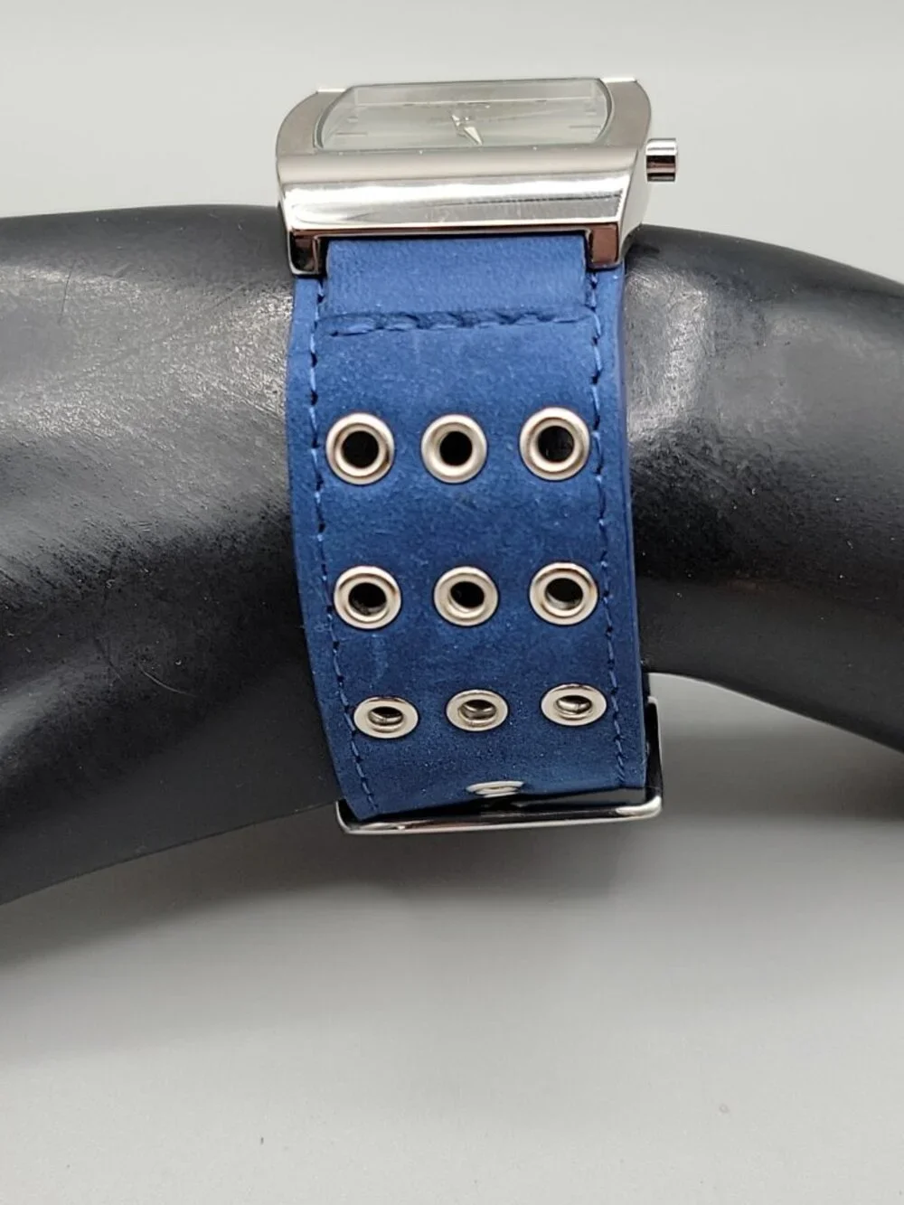 Joan Rivers Classics Tonneau Watch Royal Blue Wide Suede Leather Band 7.5